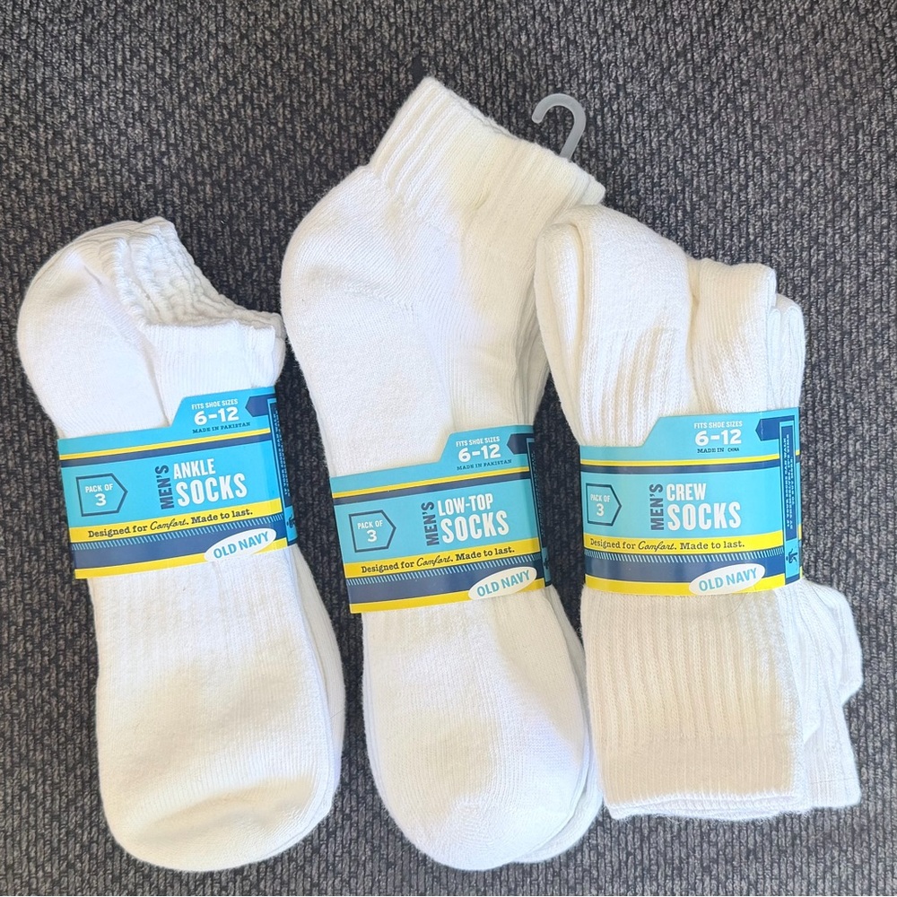 Old Navy Men's White Socks Set- 9pairs- low top/crew/ankle socks